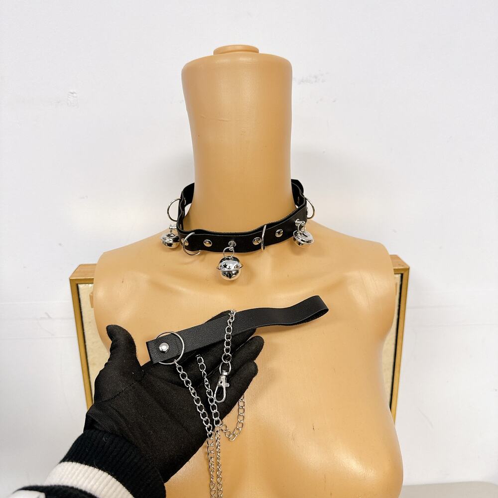 Gothic Faux Leather Choker Set with Detachable Chain Leash and Bell